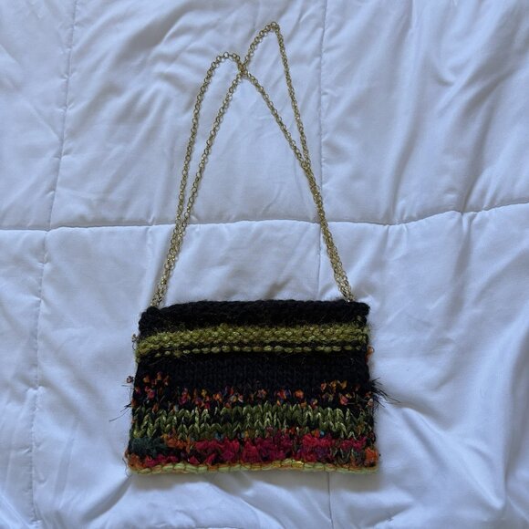 Vintage 90s Y2k Boho Bag Shoulder Fringe Hippie Gold Accents Black Green - Picture 8 of 8